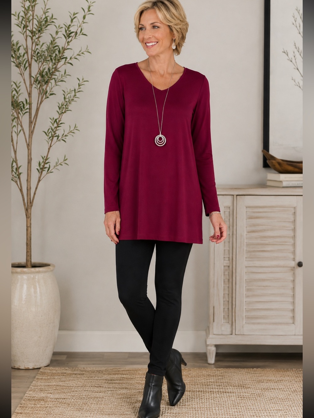 Susan Graver Modern Essentials Burgundy Wine V-Neck Long Sleeve Tunic Small